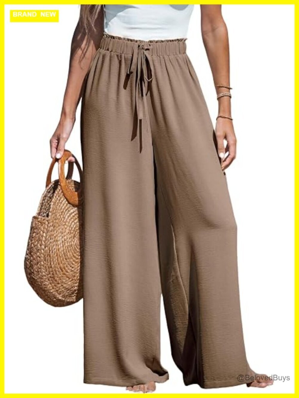 Smocked Waist Wide Leg Palazzo Pants Flowy Boho Trousers